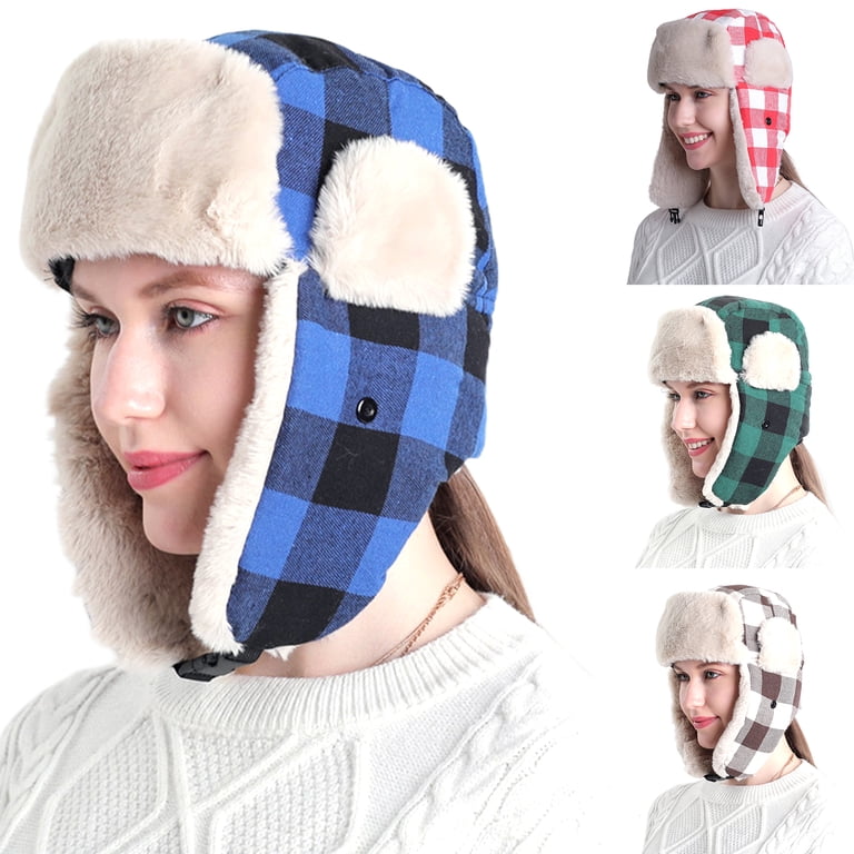Fleece Trapper Hat Ear Flap Plaid Winter Ski Cap Windproof Slouchy Beanie Sinhoon Christmas Adults Buffalo Plaid Aviator Trapper Hat  main image 2
