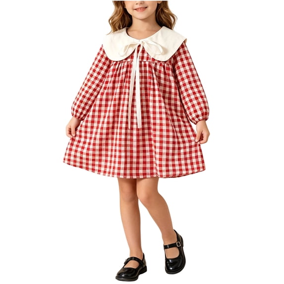 Plaid Babydoll Dresses Little Girls Aline Puff Long Sleeve Cute Dress Fall Spring Travel Outfits Red, Size 5 Y
