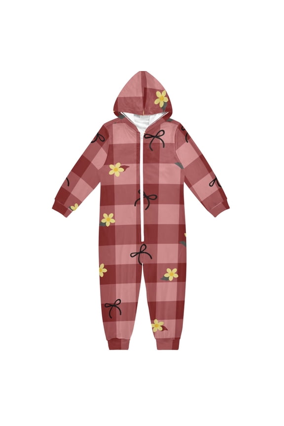 Plaid Background Bow One Piece Pajamas Soft Jumpsuit Cozy Sleep and Play Romper Zipper and Pockets 7-8T
