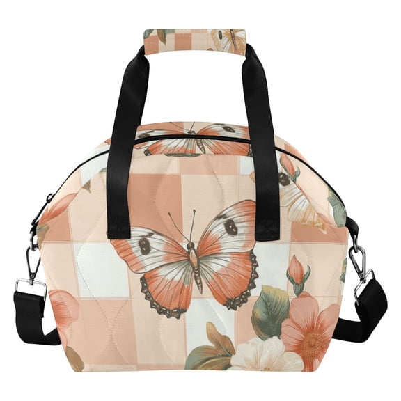 Plaid Background Butterflies Florals Leaves Insulated Lunch Bag Reusable Quilted Lunch Box Waterproof Leakproof Lunch Container