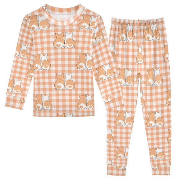 Plaid Background Corgi Pattern Cotton Pajamas 2 Piece Set Sleepwear Soft and Comfortable Homewear Nightwear