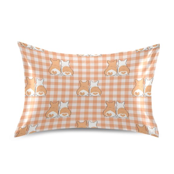 Plaid Background Corgi Pattern King Size Satin Pillowcase 40''x20'' Double-Sided Print Soft Wrinkle Resistant
