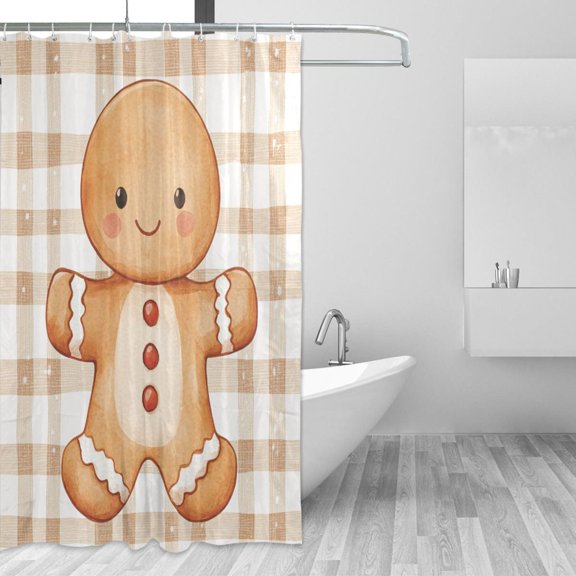 Plaid Background Gingerbread Man Cute Christmas Shower Curtains with 12 Hooks Waterproof Bathroom Decor 66" x 72"