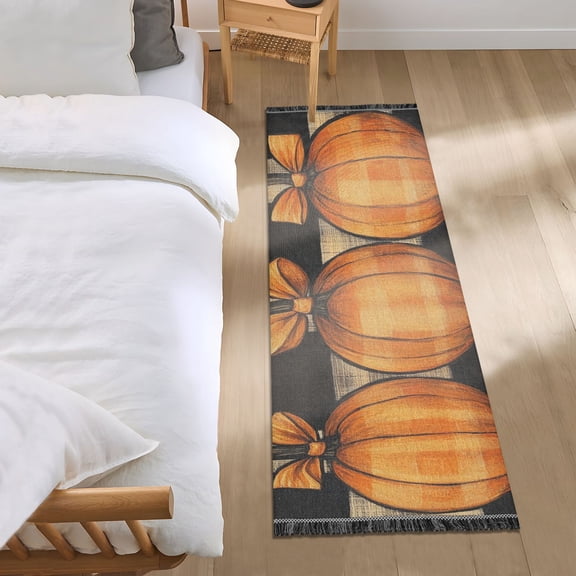 Plaid Background Pumpkins with Bowknots Bedside Runner Rug 2'x 6' Non Slip Carpet Floor Mat Area Rug