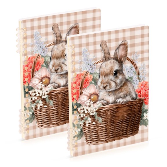 Plaid Background Rabbit in Flower Basket Easter Notebook Detachable Coil Notebook Diary Plan Book A5 Size 60 Pages 1 Pack