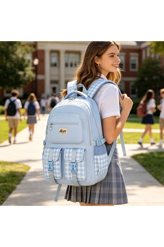 Plaid Backpack, Waterproof Nylon Bookbag, Large Capacity Multi Pocket Laptop Bag, Cute Checkered Design, Adjustable Straps