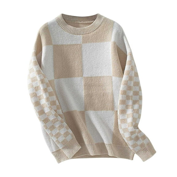 Plaid Baggy Sweaters for Women Fashion Casual Fall Long Sleeve Knitwear Checkerboard Pattern Crew Neck Pullover Sweater Tops