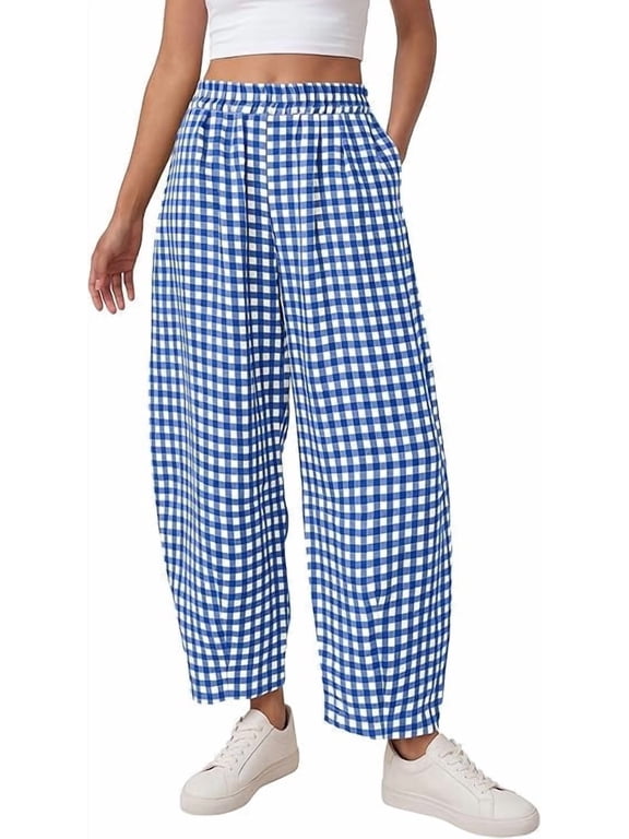 Plaid Barrel Pants Women Summer Casual Loose Wide Leg Lounge Gingham Trousers Spring Fashion Beach Bottoms