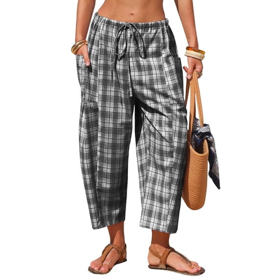 Plaid Barrel Pants for Women Summer 2026 Casual Loose Wide Leg Lounge Trousers Striped Capri with Pockets Gray XL