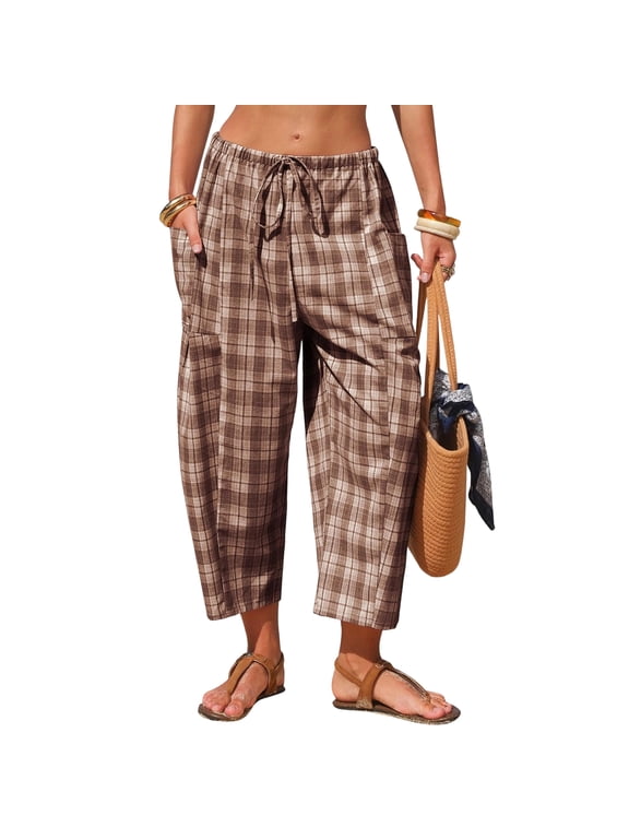 Plaid Barrel Pants for Women Summer 2026 Casual Loose Wide Leg Lounge Trousers Striped Capri with Pockets Light Brown 2XL