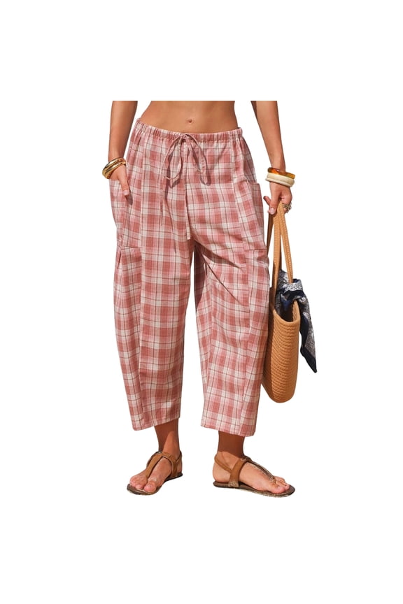 Plaid Barrel Pants for Women Summer 2026 Casual Loose Wide Leg Lounge Trousers Striped Capri with Pockets Pink XS