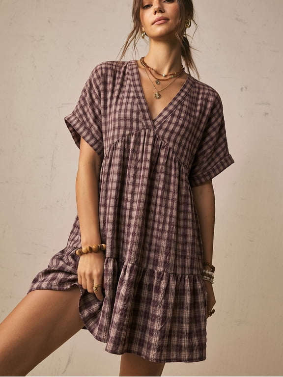 Plaid Batwing Sleeve Ruffle Hem Loose Dress, Beach Picnic Brunch Dress, Vacation Bohemian Cottagecore Boho Style, Summer Dresses Brown Plaid