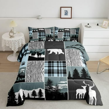 Plaid Bear Cabin Comforter Set, Rustic Farmhouse Camper Bedding Set Twin Size, Gray Blue Hunting Deer Duvet Insert Woodland Lodge Wild Animal Down Comforter Teens Adult Bedroom