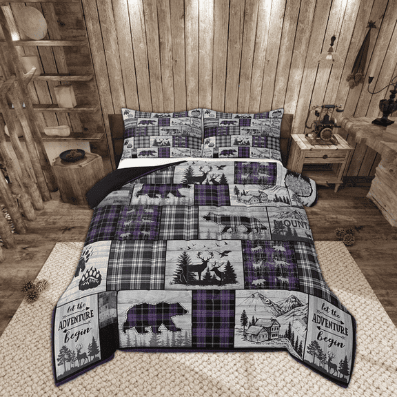 Erosebridal Plaid Bear Deer Comforter Set Rustic Cabin Bedding Set Queen Size Country Hunting Wildlife Bedding Comforter Sets Adults Women Woodland Animal Quilt Set Purple Black Grey