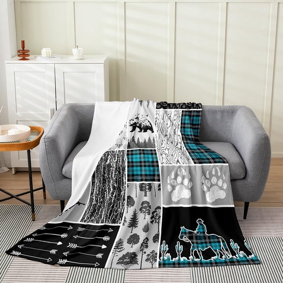 Plaid Bear Paw Wildlife Rustic Fleece Blanket for Couch and Bed