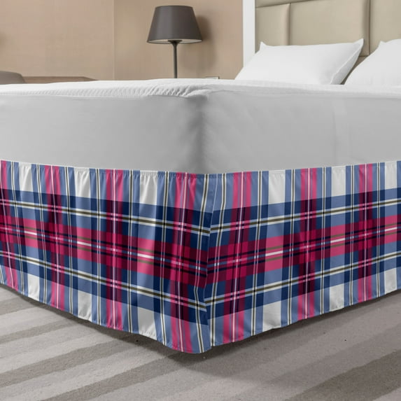 Plaid Bed Skirt, Classical British Tartan Design with a Modern Look Pink and Blue Tile Pattern, Elastic Bedskirt Dust Ruffle Wrap Around for Bedding Decor, 4 Sizes, Blue Pink Grey, by Ambesonne