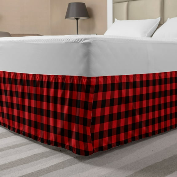 Plaid Bed Skirt, Lumberjack Fashion Buffalo Checks Pattern Retro Style Grid Composition, Elastic Bedskirt Dust Ruffle Wrap Around for Bedding Decor, 4 Sizes, Orange Black, by Ambesonne