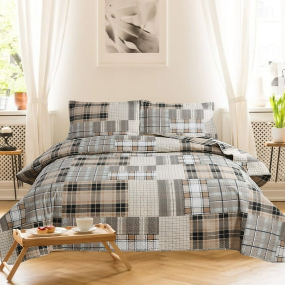 Plaid Bedding Quilt Set Queen Size Microfiber Ultra Soft Bedspread Ligthtweight Brown Coffee Quilt Coverlet Collection for Bedroom (1 Quilt, 2 Pillow Shams)