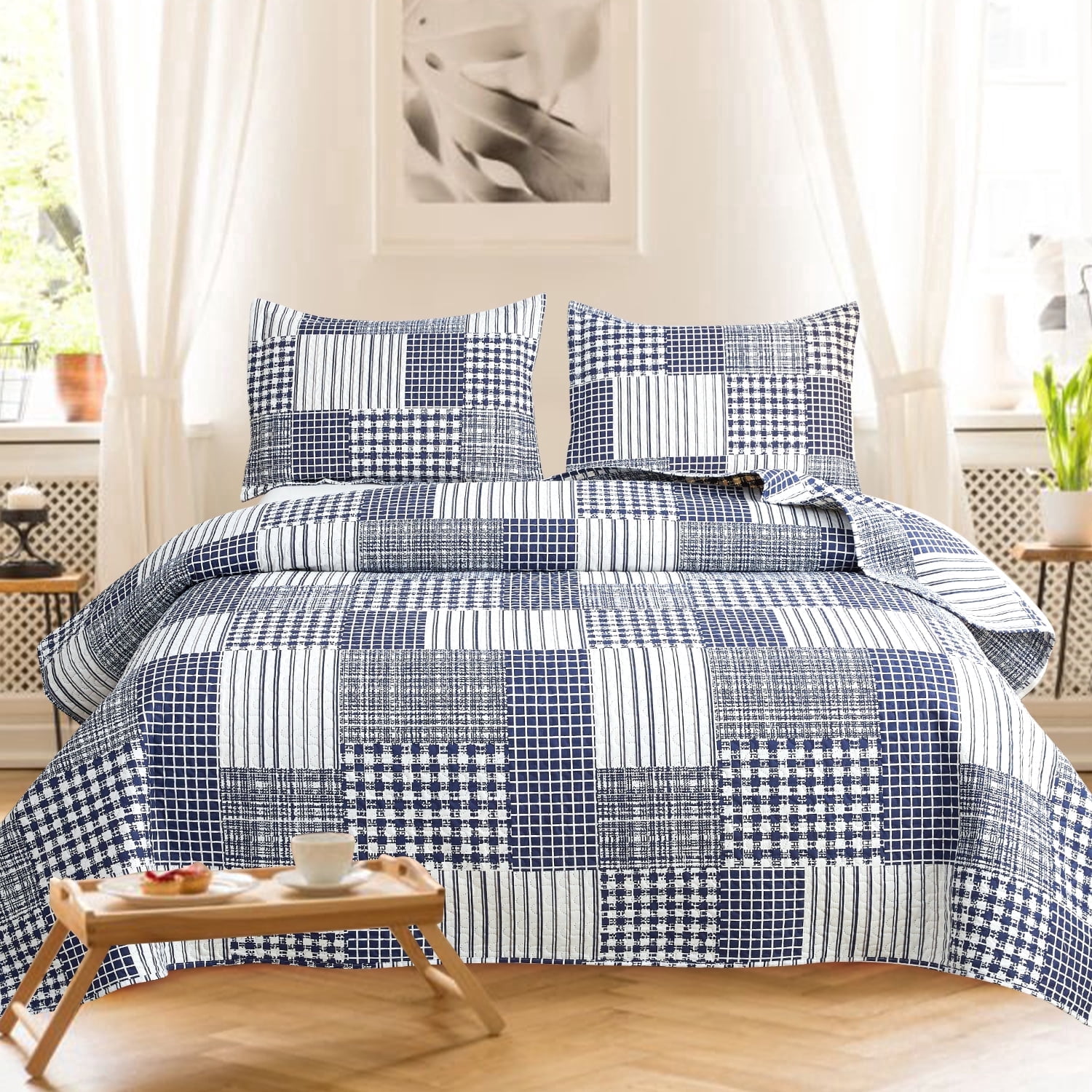 Kebury Plaid Bedding Quilt Set Twin Size Microfiber Ultra Soft Bedspread Ligthtweight Navy Blue Checked Quilt Coverlet Collection for Bedroom (1 Quilt, 2 Pillow Shams)