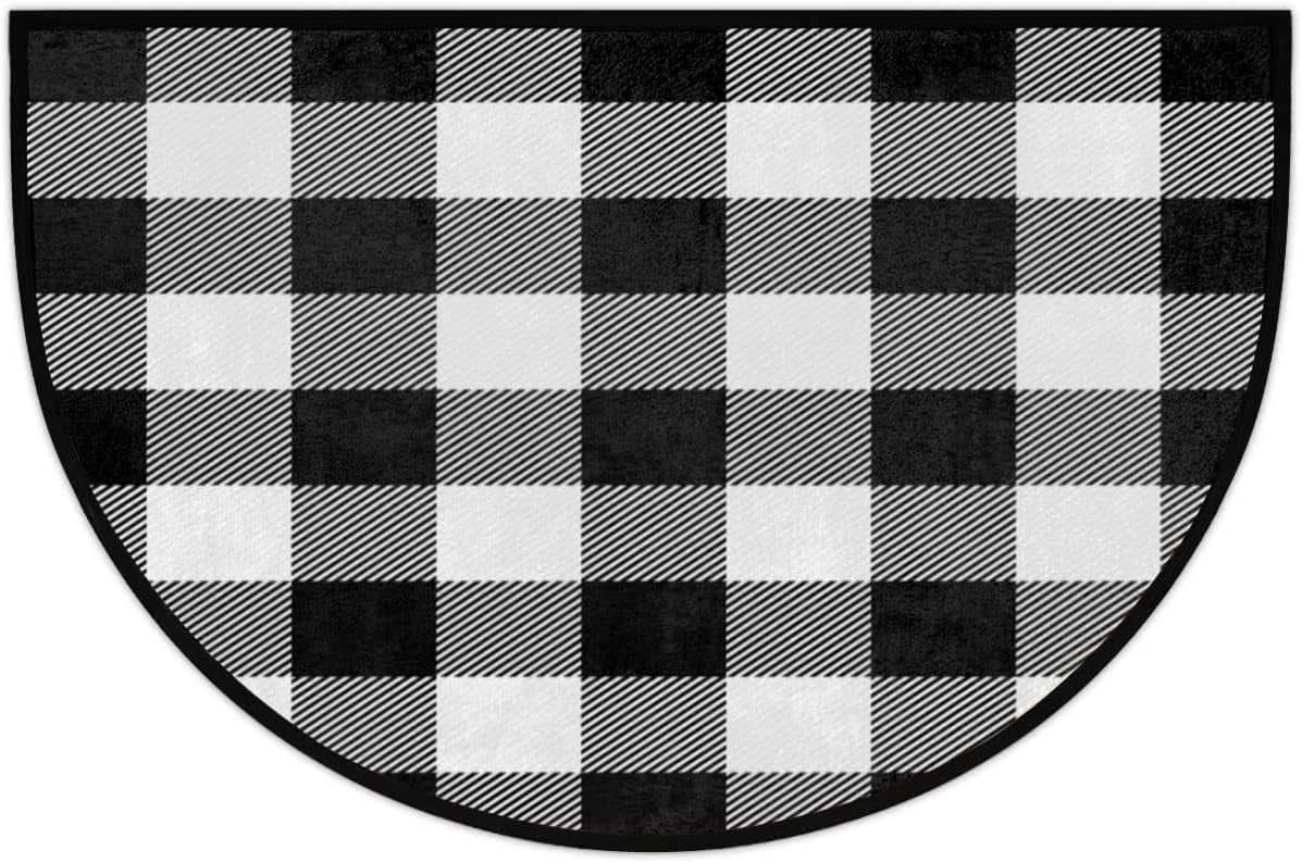 Plaid Black Grey Half Round Door Mat Indoor Entrance Mat , Absorbent