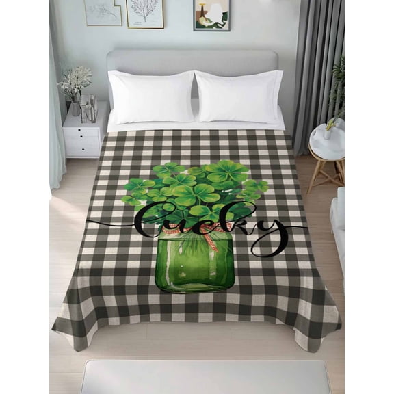 Plaid Black, Twim Size Flat Sheet, Wrinkleproof & Fadeproof Cooling Flat Bed Sheet Only, St. Patrick's Day Green Botanical Plant Breathable Soft Bedding Top Sheets 66 x 96 Inches