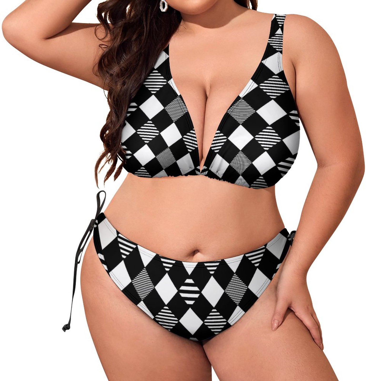Plaid Black White Bathing Suit for Women Swimsuits Sexy Bikini Set Two Piece Swimsuit Halter Triangle Swimwear XL