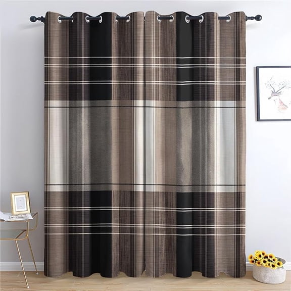 Plaid Blackout Curtains, Brown And Beige Checkered Patterned Curtains For Bedroom, Living Room Decor, Room Darkening Thermal Insulated Grommet Drapes 42"W x 63"L (Pack of 2)