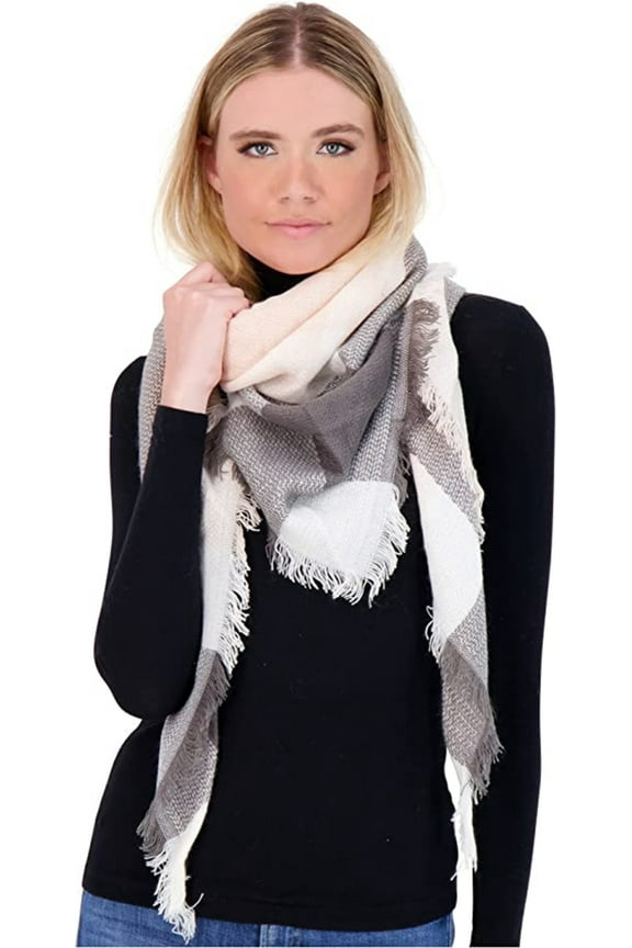 Women's Soft Plaid Blanket Scarf, Ivory/Grey/White