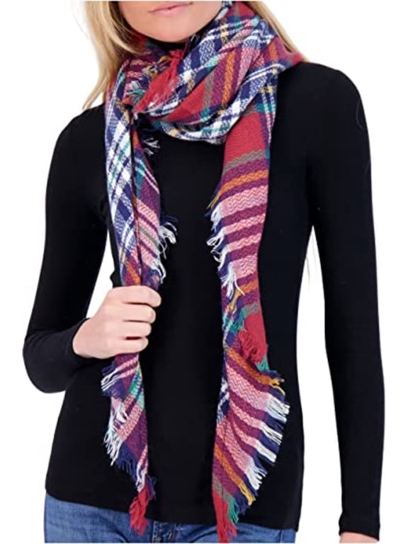 Plaid Blanket Scarf Winter Warm Scarfs for Women, Lightweight Soft Oversized Shawl Wraps (White Gray Berry Plaid)