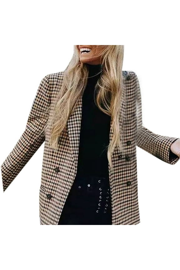 Plaid Blazer Jacket for Women Lapel Collar Open Front Long Sleeve Business Casual Suit Coats with Pockets (Khaki M)