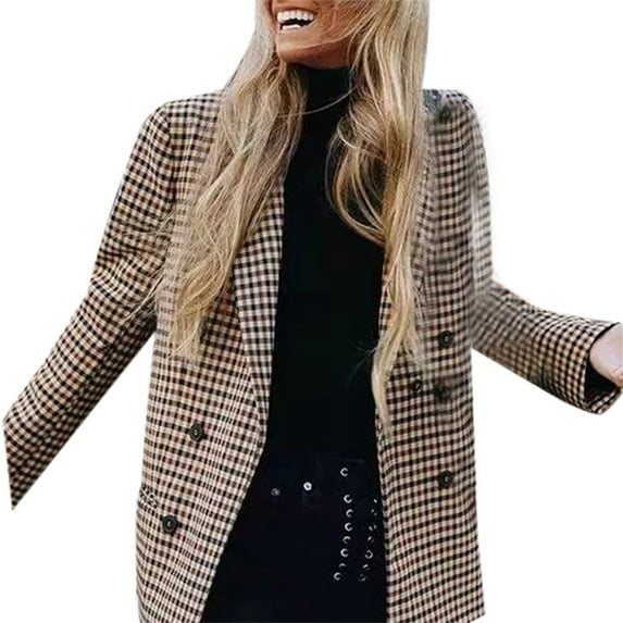 Plaid Blazer Jacket for Women Lapel Collar Open Front Long Sleeve Business Casual Suit Coats with Pockets (Khaki S)