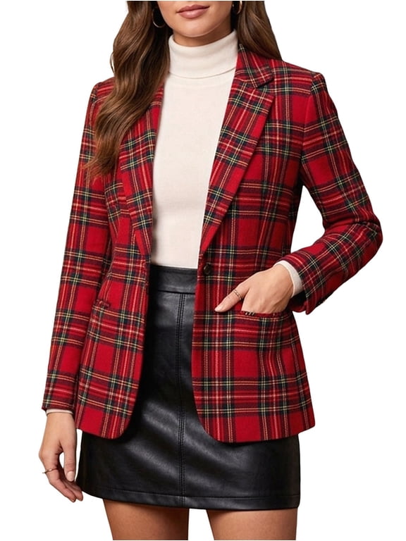 Plaid Blazer Jacket for Women Long Sleeve Blazer Lapel Button Work Formal Blazer Jackets Red L