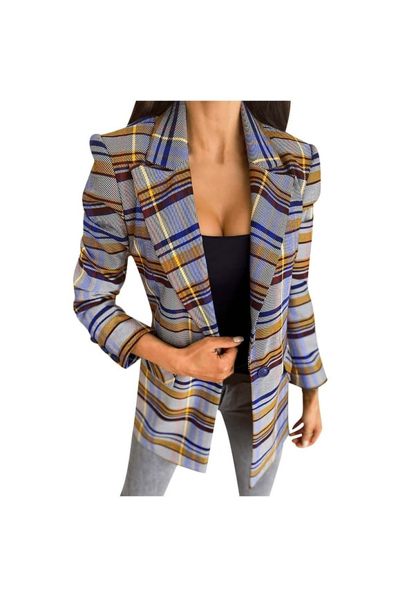 Plaid Blazer for Women Clearance Casual One Button Suit Jacket Slim Fit Notched Checked Suit Coat Long Sleeve Work Business Wedding Guests Longline Blazer Jackets with Pockets Ladies