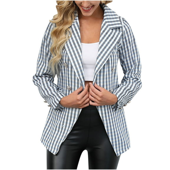 Plaid Blazers for Women Business Casual Lapel Long Sleeve Slim Fit Jackets Formal Loose Work Office Coats (Blue 2XL)