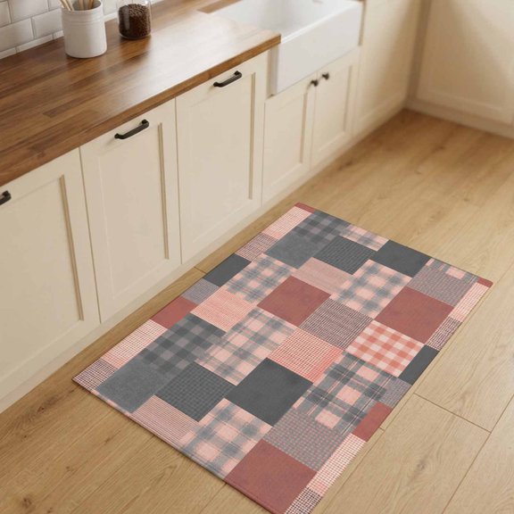 Plaid Block Small Area Rugs 2x3 Vintage Minimalist Terracotta Gray Patchwork Gingham Entryway Rugs Washable Door Mat, Low-Profile Area Rugs Non Slip Floor Carpet for Living Room Bedroom Home Office