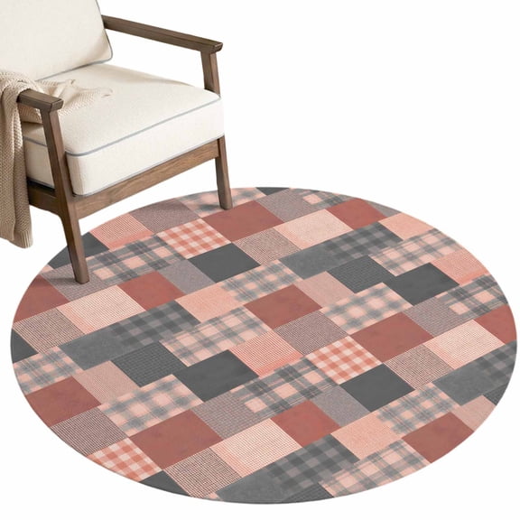 Plaid Block Small Round Rug 3Ft Vintage Minimalist Terracotta Gray Patchwork Gingham Area Rugs Washable Non Slip Indoor Floor Mats Circle for Entryway Under‑Nightstand Bathroom, Balcony