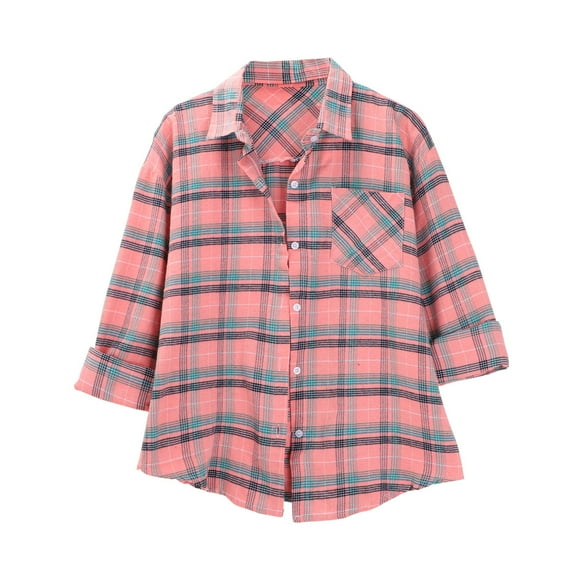 Plaid Blouses for Women, Yigetop Spring and Autumn Style Women's Plaid Shirt Jacket Shirt inner Wear Top. Long Sleeve Button Up Shirts for Women Pink 2XL