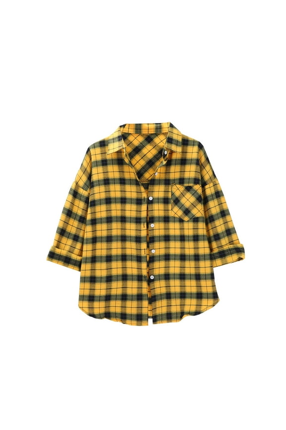 Plaid Blouses for Women, Yigetop Spring and Autumn Style Women's Plaid Shirt Jacket Shirt inner Wear Top. Long Sleeve Button Up Shirts for Women Yellow XL