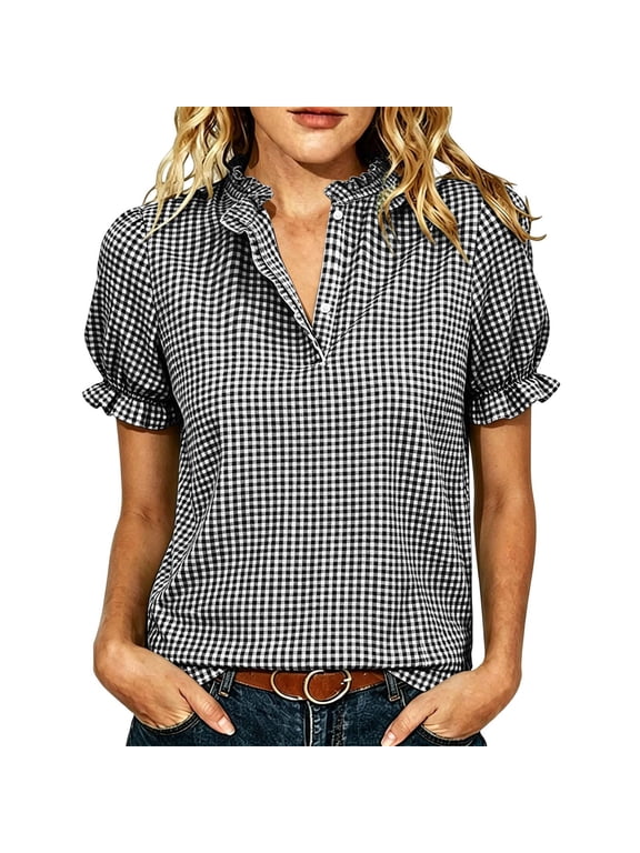 Plaid Blouses for Women Ruffle Collar Tops Button V Neck Casual Shirts Puff Short Sleeve Summer Tee Lightweight Breathable T-Shirts