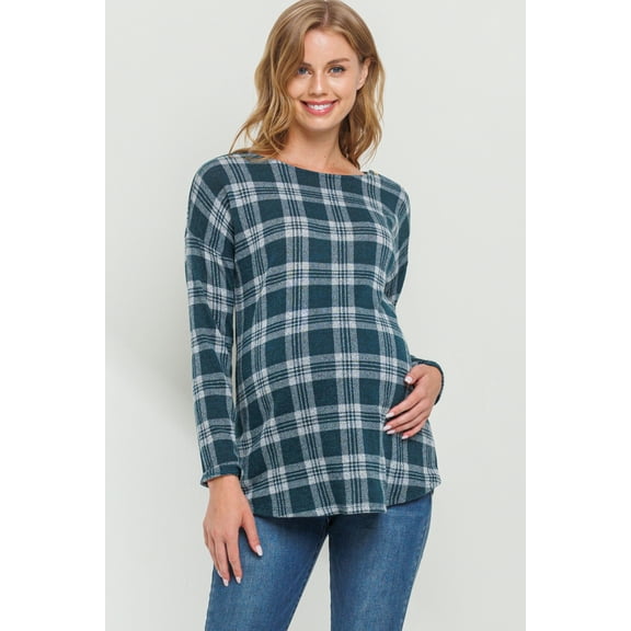 Plaid Boat Neck Maternity Knit Top