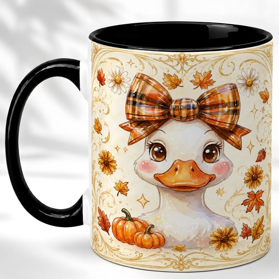 Plaid Bow Duck Coffee Mug, Cute Autumn Mug, Ceramic 11 oz