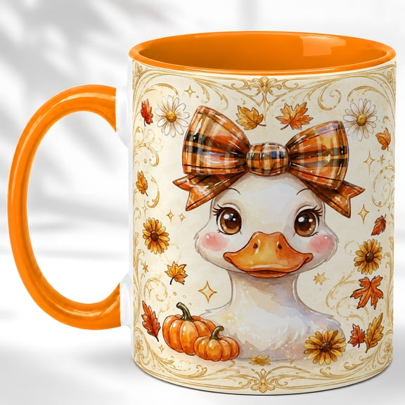 Plaid Bow Duck Coffee Mug, Cute Autumn Mug, Ceramic 11 oz