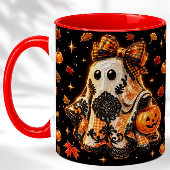 Plaid Bow Ghost Coffee Mug, Halloween Ghost Mug, Ceramic 11 oz