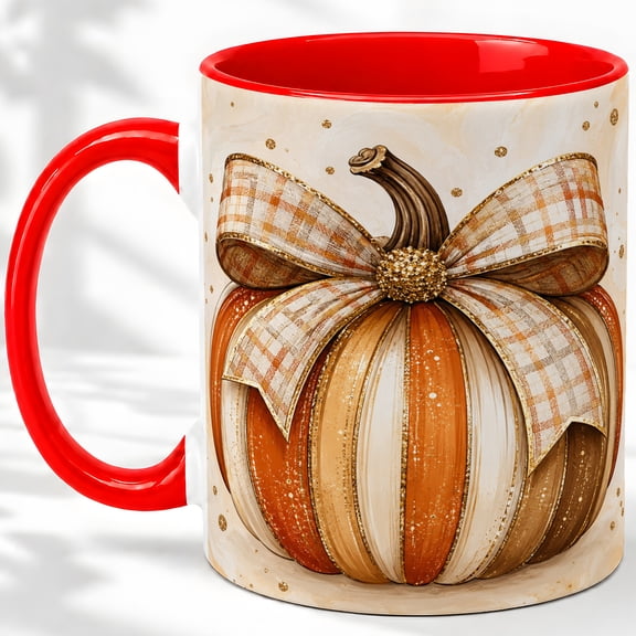 Plaid Bow Pumpkin Accent Mug, 11oz Ceramic Coffee Cup for Fall Decor