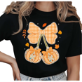 thumbnail image 1 of Plaid Bow Pumpkin Fall Graphic Tee Women's Short Sleeve Crewneck Casual Holiday Top, 1 of 6