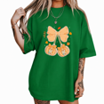 thumbnail image 1 of Plaid Bow Pumpkin Fall Graphic Tee Women's Short Sleeve Crewneck Casual Holiday Top, 1 of 6
