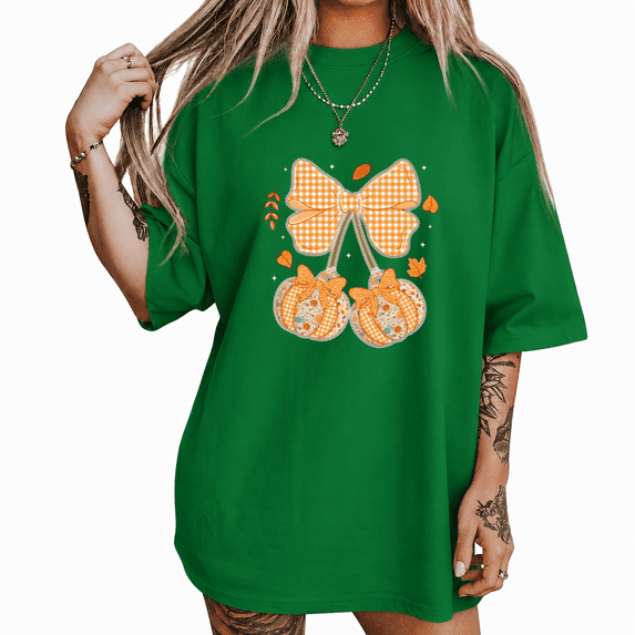 Plaid Bow Pumpkin Fall Graphic Tee Women's Short Sleeve Crewneck Casual Holiday Top