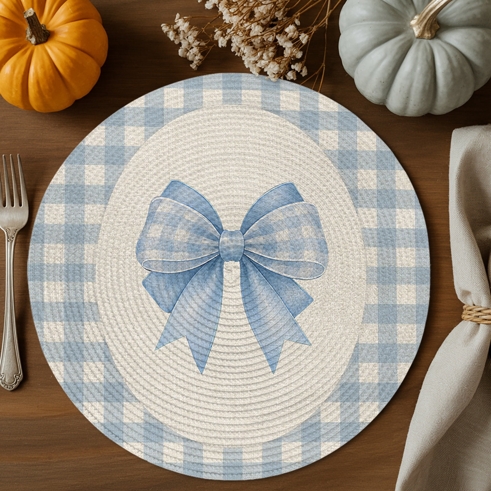Plaid Bow Round Braided Placemats 13