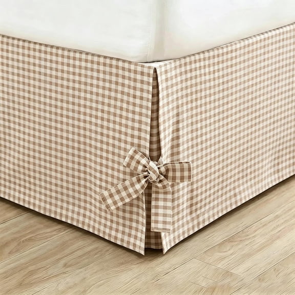 Plaid Bow Tie Bed Skirt, Wrap-Around Dust Ruffle with Checkered Pattern for Queen/King Beds