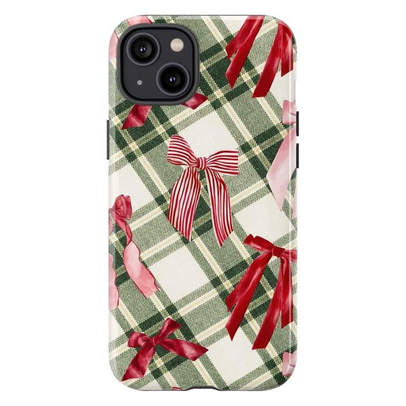 Plaid Bow iPhone Case for iPhone 16 15 14 13 12 11 Pro Max Mini – Classic Green Plaid Pattern with Red Striped and Satin Bows, Protective Hard Cover